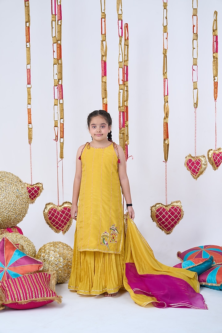 Yellow Crepe Embroidered Sharara Set For Girls by Vivedkids at Pernia's Pop Up Shop