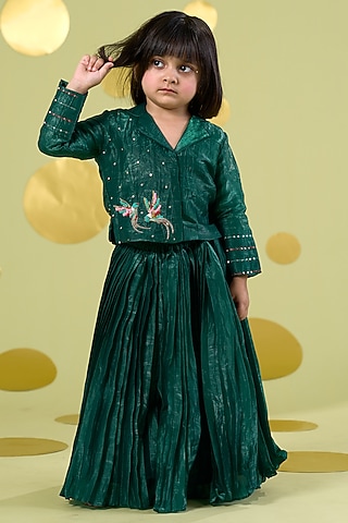 Green Cotton Hand Embroidered Skirt Set For Girls by Vivedkids