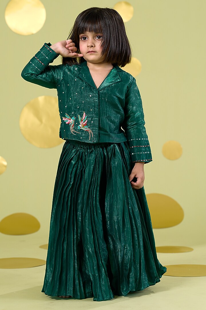Green Cotton Hand Embroidered Skirt Set For Girls by Vivedkids at Pernia's Pop Up Shop
