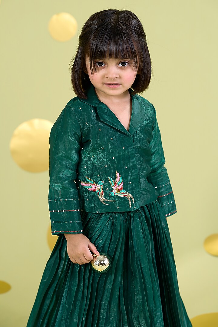 Green Cotton Hand Embroidered Skirt Set For Girls by Vivedkids at Pernia's Pop Up Shop