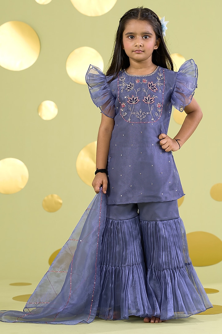 Blue Cotton Pleated Sharara Set For Girls by Vivedkids at Pernia's Pop Up Shop