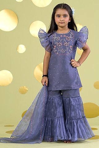 Blue Cotton Pleated Sharara Set For Girls by Vivedkids