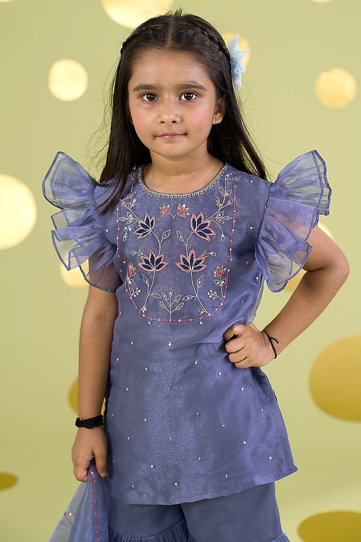 Blue Cotton Pleated Sharara Set For Girls by Vivedkids at Pernia's Pop Up Shop