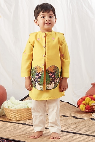 Yellow Cotton Pichwai Kurta Set For Boys by Vivedkids