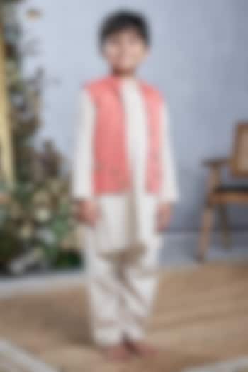 Peach Cotton Nehru Jacket Set For Boys by Vivedkids at Pernia's Pop Up Shop
