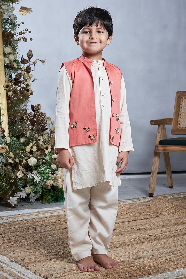 Peach Cotton Nehru Jacket Set For Boys by Vivedkids at Pernia's Pop Up Shop