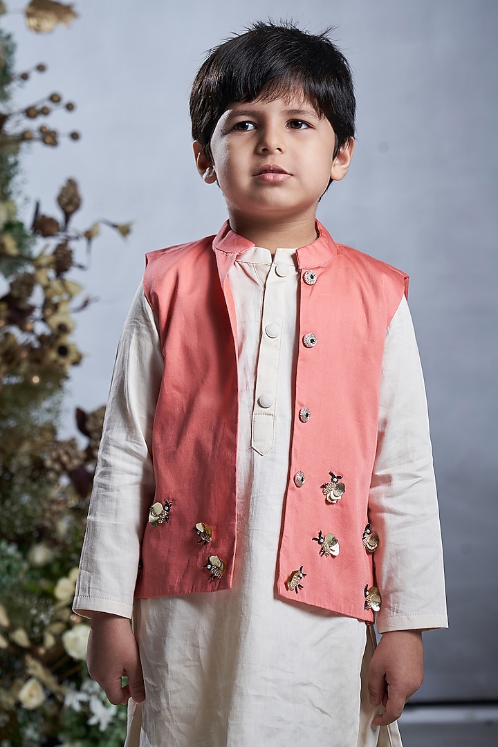 Peach Cotton Nehru Jacket Set For Boys by Vivedkids at Pernia's Pop Up Shop