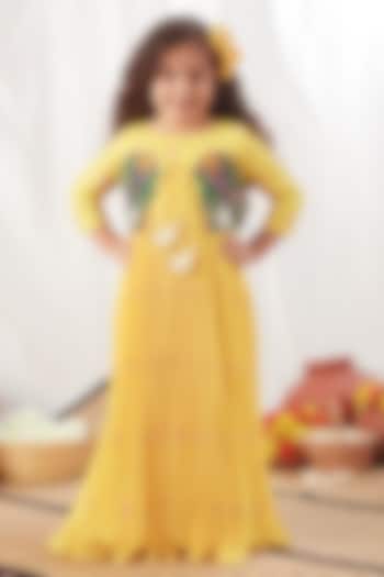 Yellow Crepe Motifs Anarkali Jacket Set For Girls by Vivedkids at Pernia's Pop Up Shop