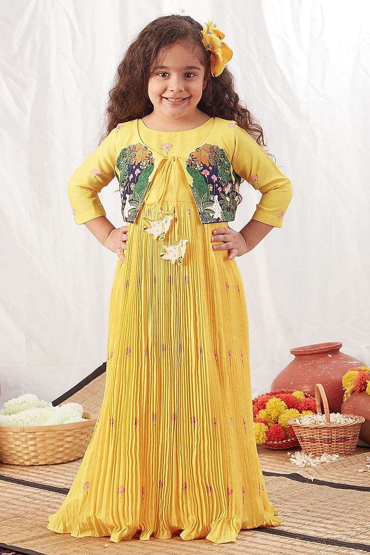 Yellow Crepe Motifs Anarkali Jacket Set For Girls by Vivedkids at Pernia's Pop Up Shop