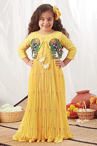 Yellow Crepe Motifs Anarkali Jacket Set For Girls by Vivedkids