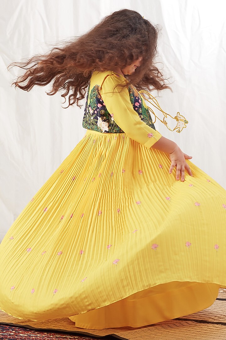 Yellow Crepe Motifs Anarkali Jacket Set For Girls by Vivedkids at Pernia's Pop Up Shop