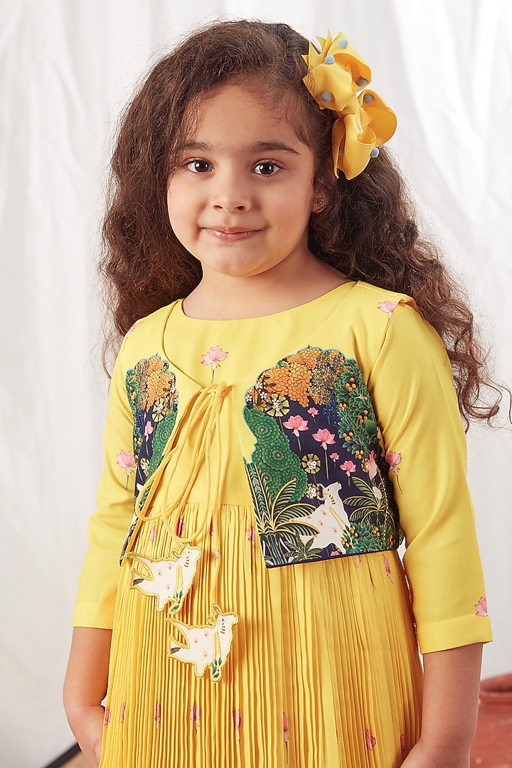 Yellow Crepe Motifs Anarkali Jacket Set For Girls by Vivedkids at Pernia's Pop Up Shop