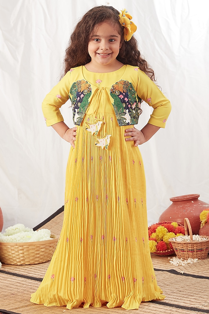 Yellow Cotton Jacket Dress For Girls by Vivedkids