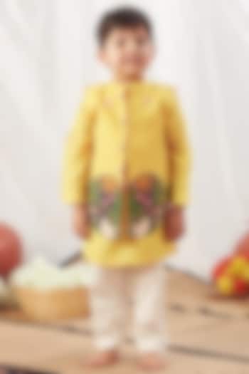 Yellow Pichwai Printed Bundi Jacket With Kurta Set For Boys by Vivedkids