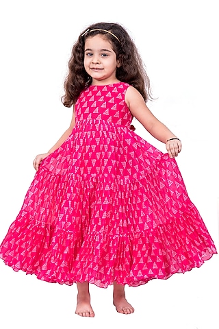 Pink Chiffon Bandhani Printed Dress For Girls by Vivedkids