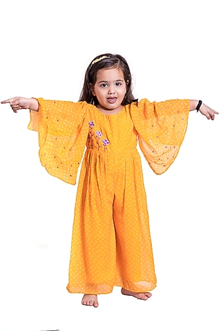 Yellow Chiffon Bandhani Printed Jumpsuit For Girls by Vivedkids