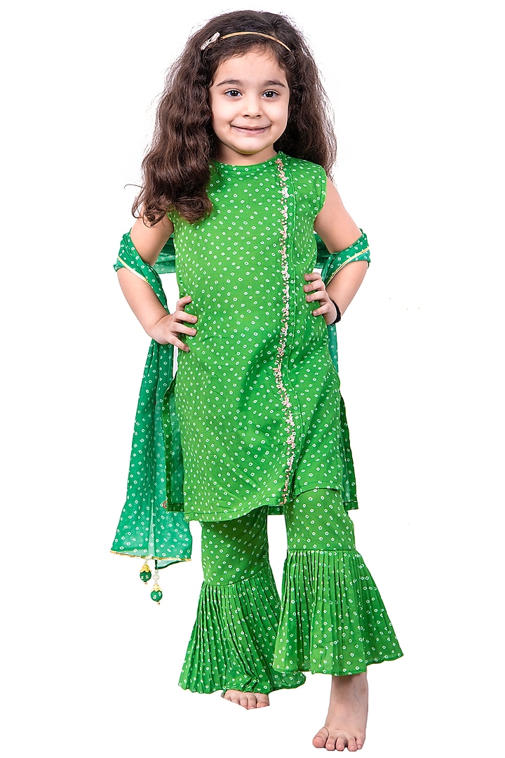 Green Bandhani Printed Sharara Set For Girls by Vivedkids