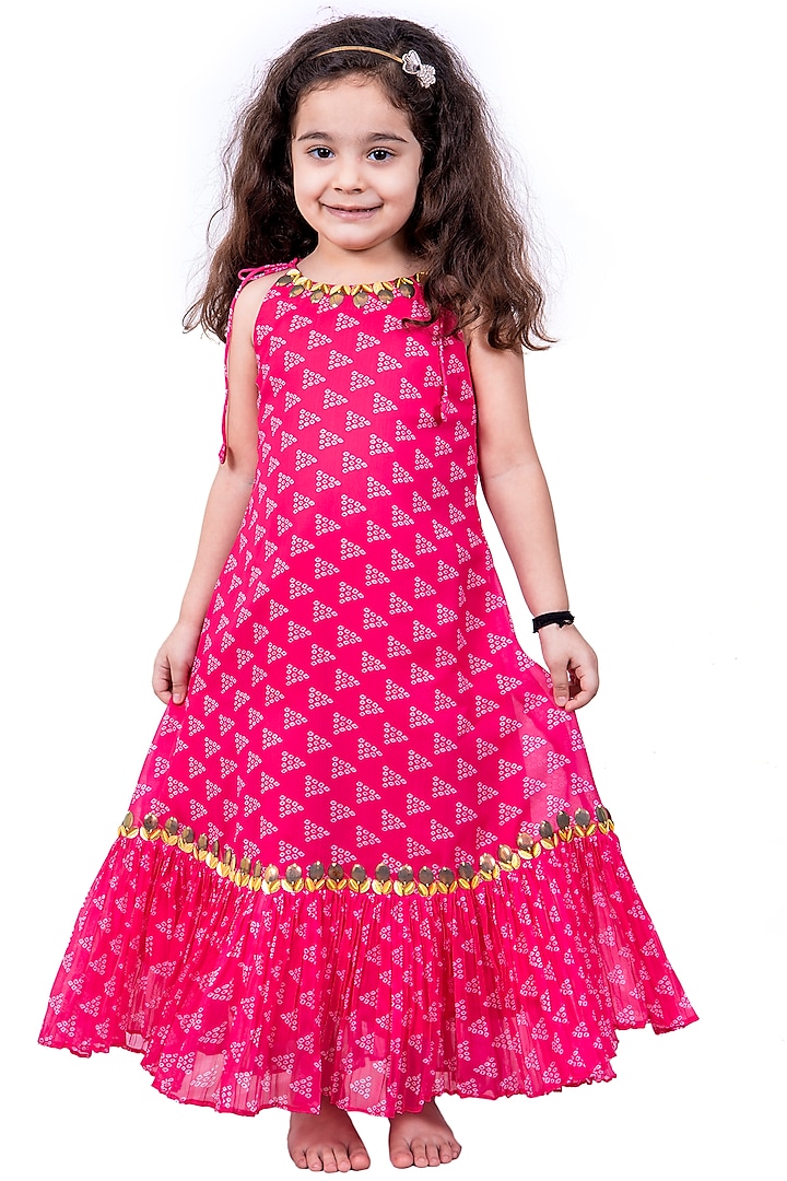 Pink Bandhani Printed Dress For Girls by Vivedkids