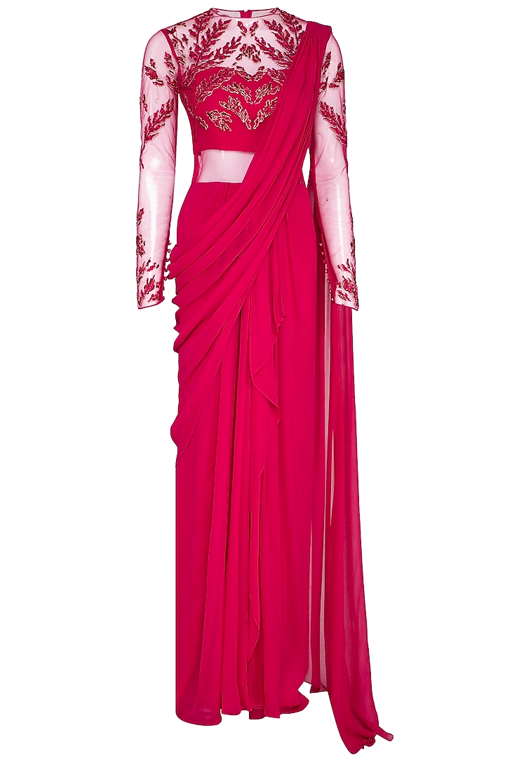 Fuschia Embroidered Saree Gown Set by VIVEK PATEL