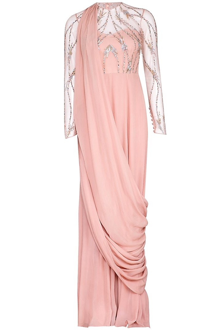 Pink Embroidered Drape Gown by VIVEK PATEL