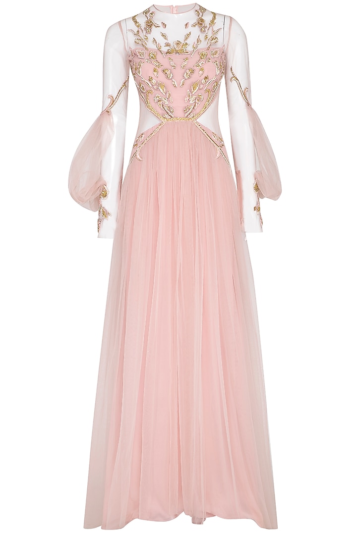 Pink Embroidered Pleated Gown by VIVEK PATEL