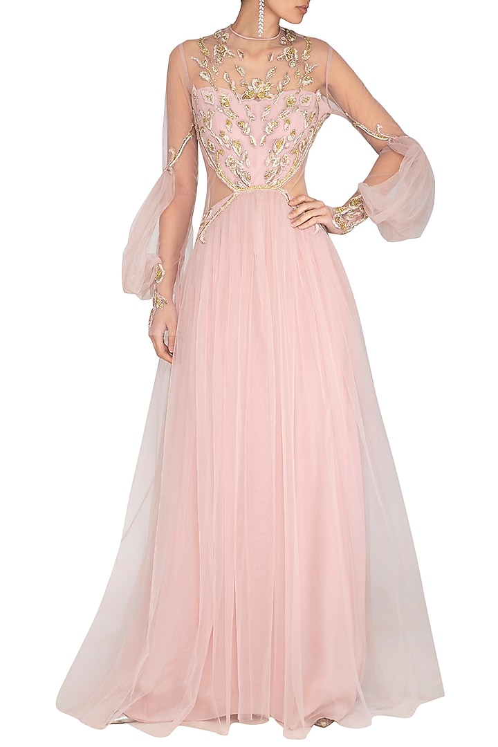 Pink Embroidered Pleated Engagement Gown by Vivek Patel at Pernia's Pop Up Shop