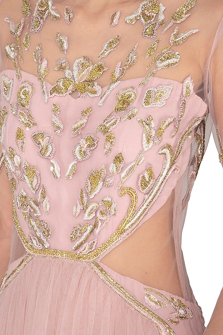 Pink Embroidered Pleated Engagement Gown by Vivek Patel at Pernia's Pop Up Shop