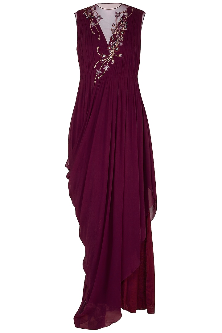 Wine Embroidered Floral Party Wear Gown by Vivek Patel at Pernia's Pop Up Shop