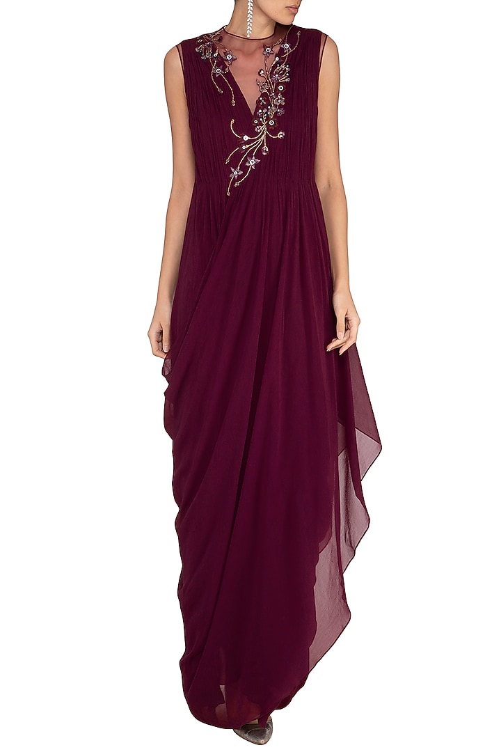 Wine Embroidered Floral Party Wear Gown by Vivek Patel at Pernia's Pop Up Shop