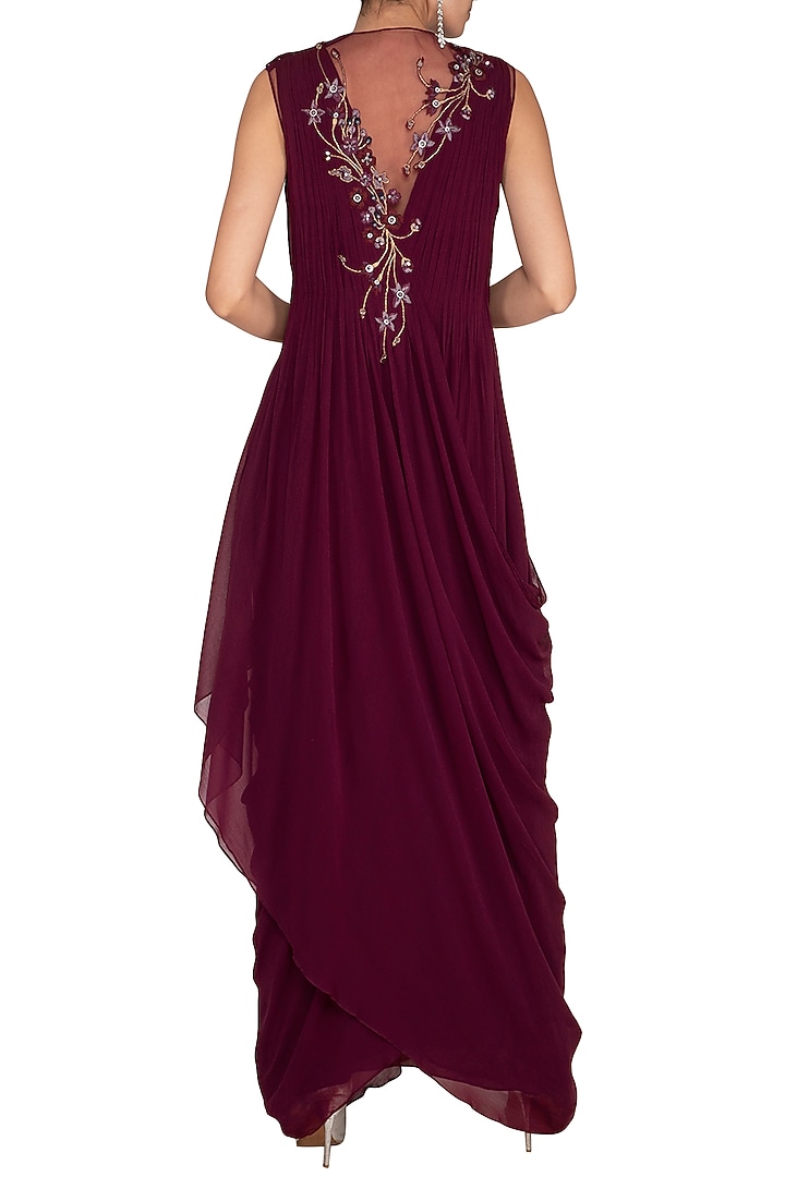 Wine Embroidered Floral Party Wear Gown by Vivek Patel at Pernia's Pop Up Shop