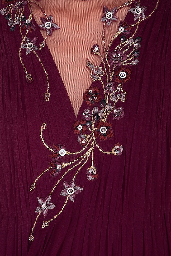 Wine Embroidered Floral Party Wear Gown by Vivek Patel at Pernia's Pop Up Shop