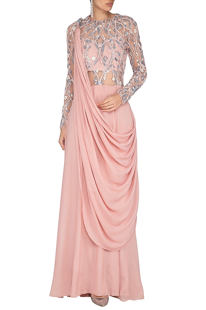 Pink Embroidered Wedding Saree Gown by Vivek Patel at Pernia's Pop Up Shop
