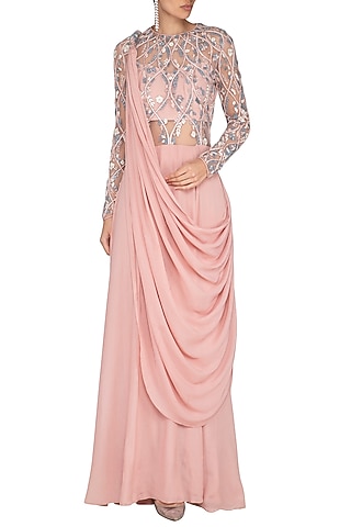 Pink Embroidered Saree Gown by Vivek Patel