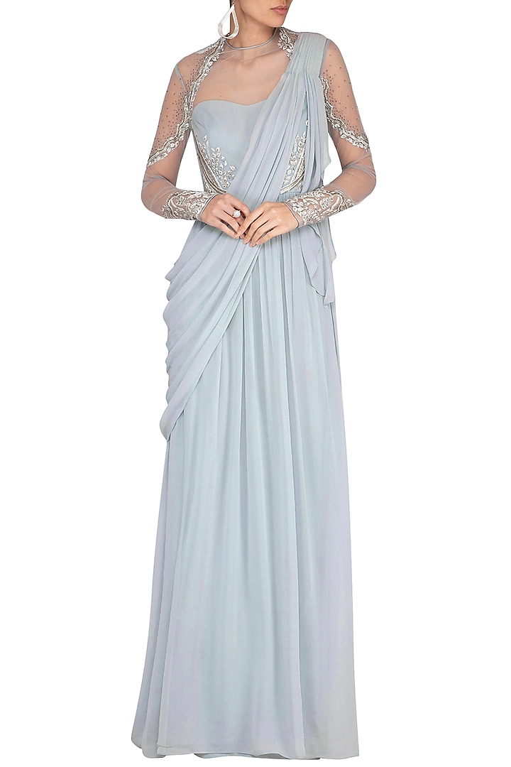 Light Blue Embroidered Wedding Saree Gown by Vivek Patel at Pernia's Pop Up Shop