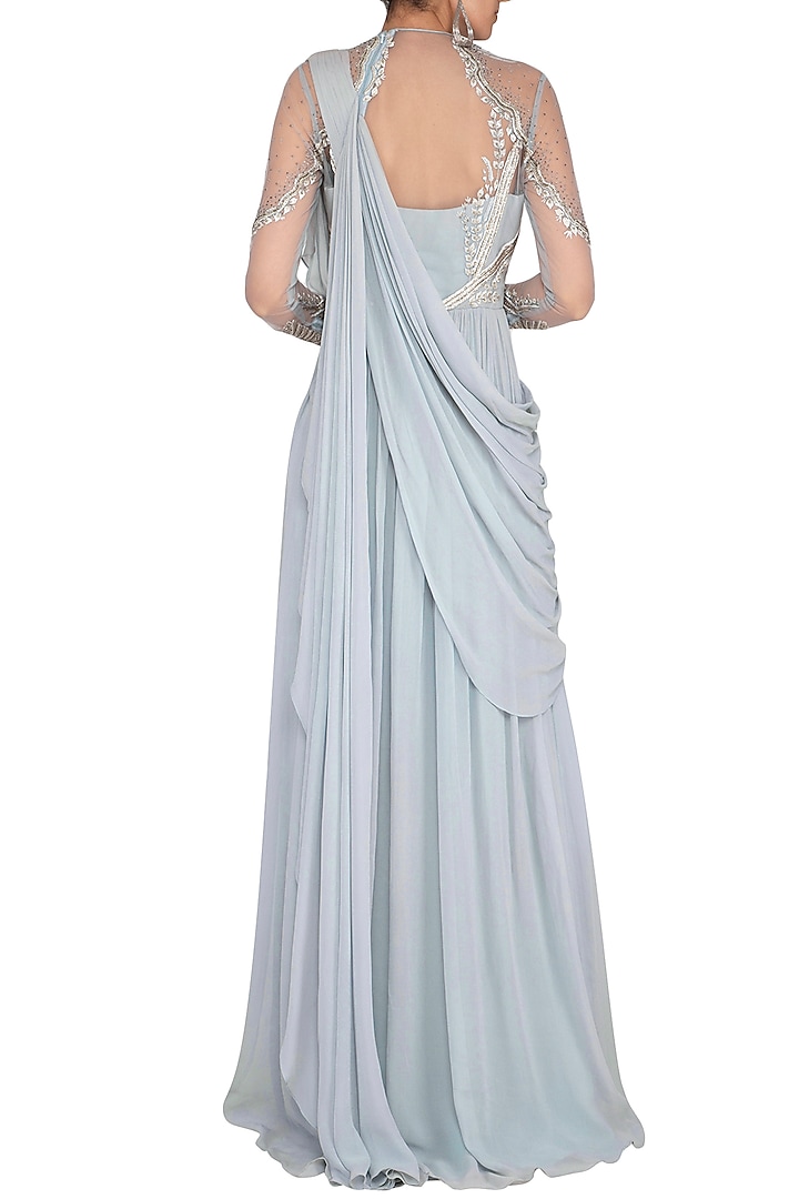 Light Blue Embroidered Wedding Saree Gown by Vivek Patel at Pernia's Pop Up Shop
