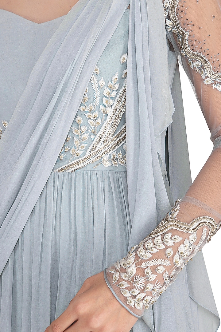 Light Blue Embroidered Wedding Saree Gown by Vivek Patel at Pernia's Pop Up Shop