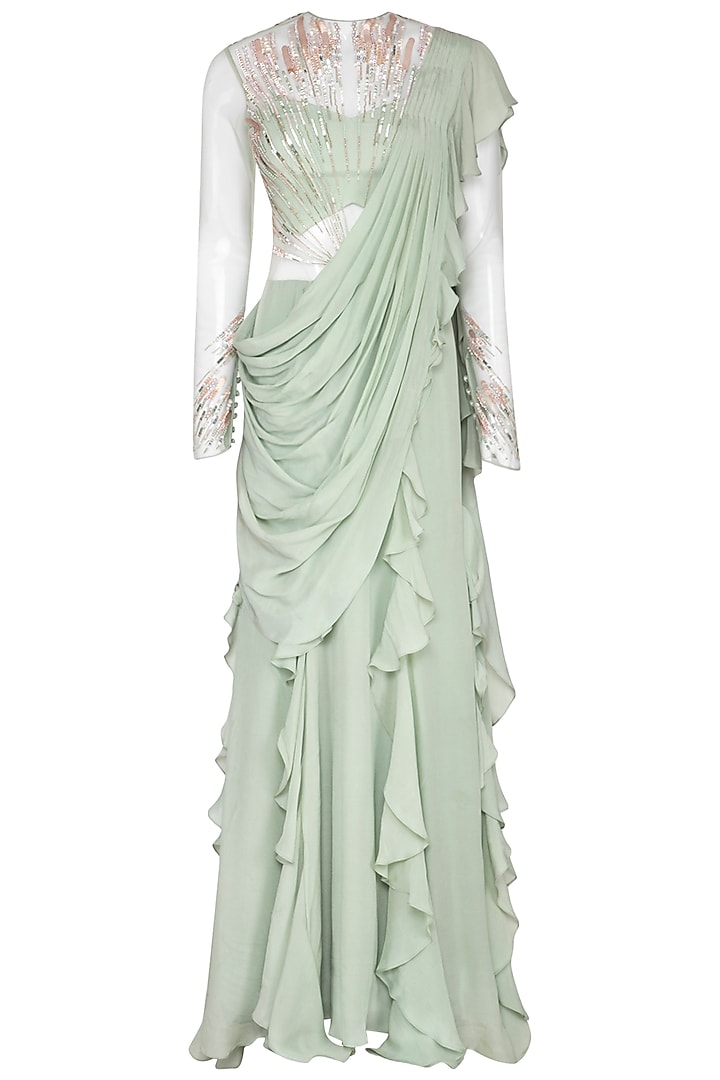 Mint Green Embroidered Saree Gown by VIVEK PATEL
