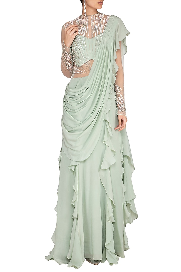 Mint Green Embroidered Wedding Saree Gown by Vivek Patel at Pernia's Pop Up Shop