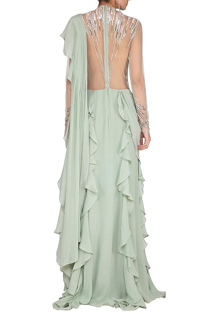 Mint Green Embroidered Wedding Saree Gown by Vivek Patel at Pernia's Pop Up Shop