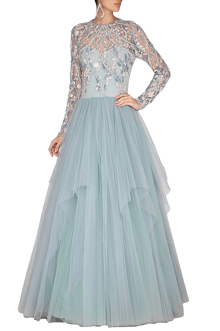 Light Blue Embroidered Wedding Gown by Vivek Patel at Pernia's Pop Up Shop