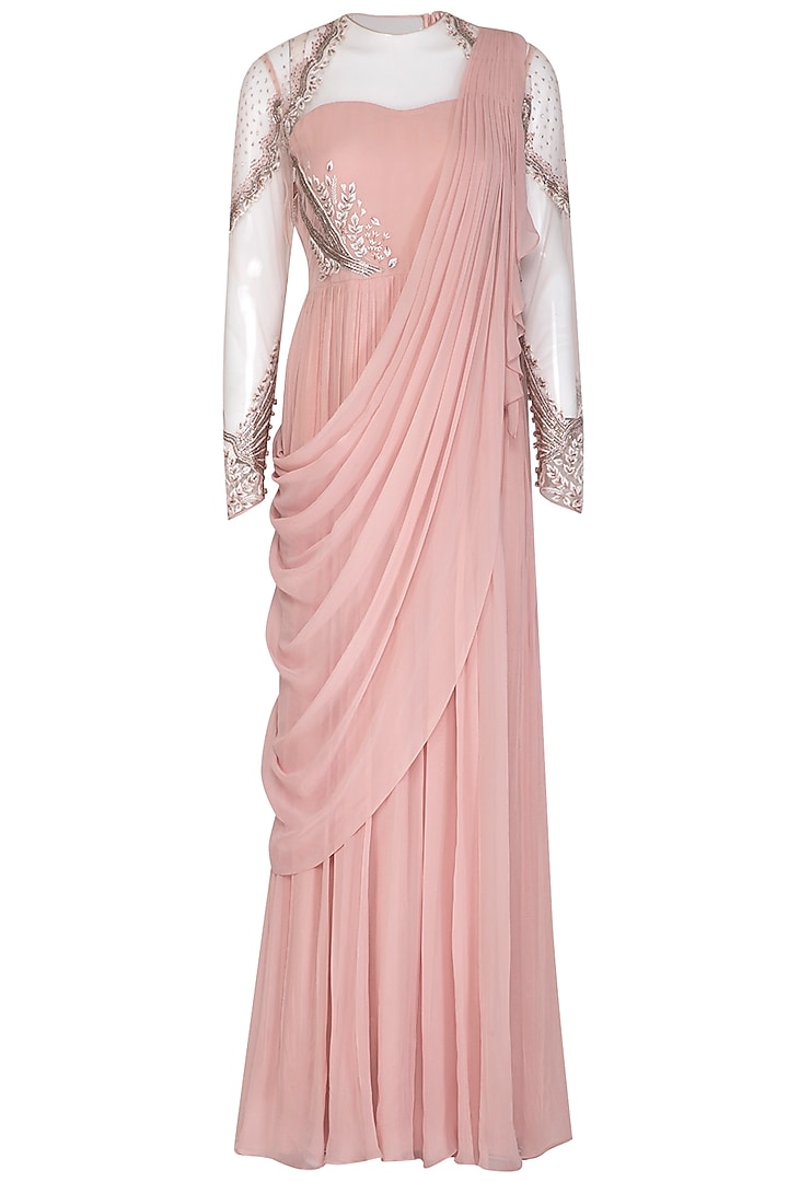 Pink Hand Embroidered Saree Gown by VIVEK PATEL