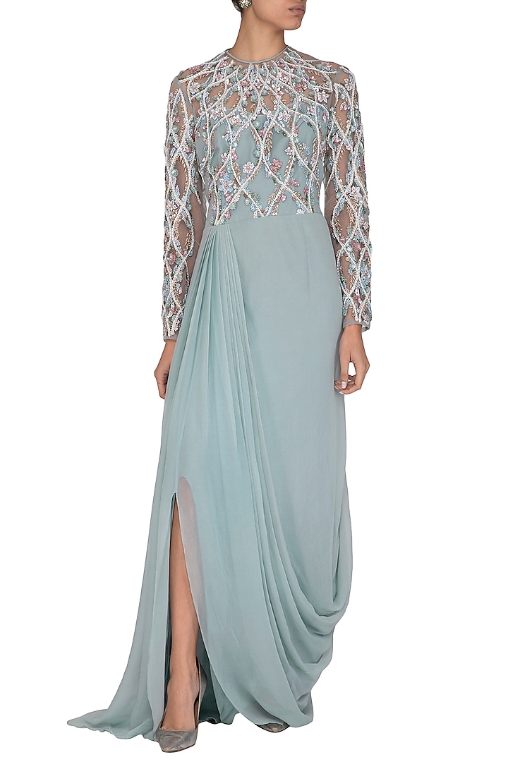 Powder Blue Georgette & Tulle Hand Embroidered Wedding Gown Saree by Vivek Patel at Pernia's Pop Up Shop