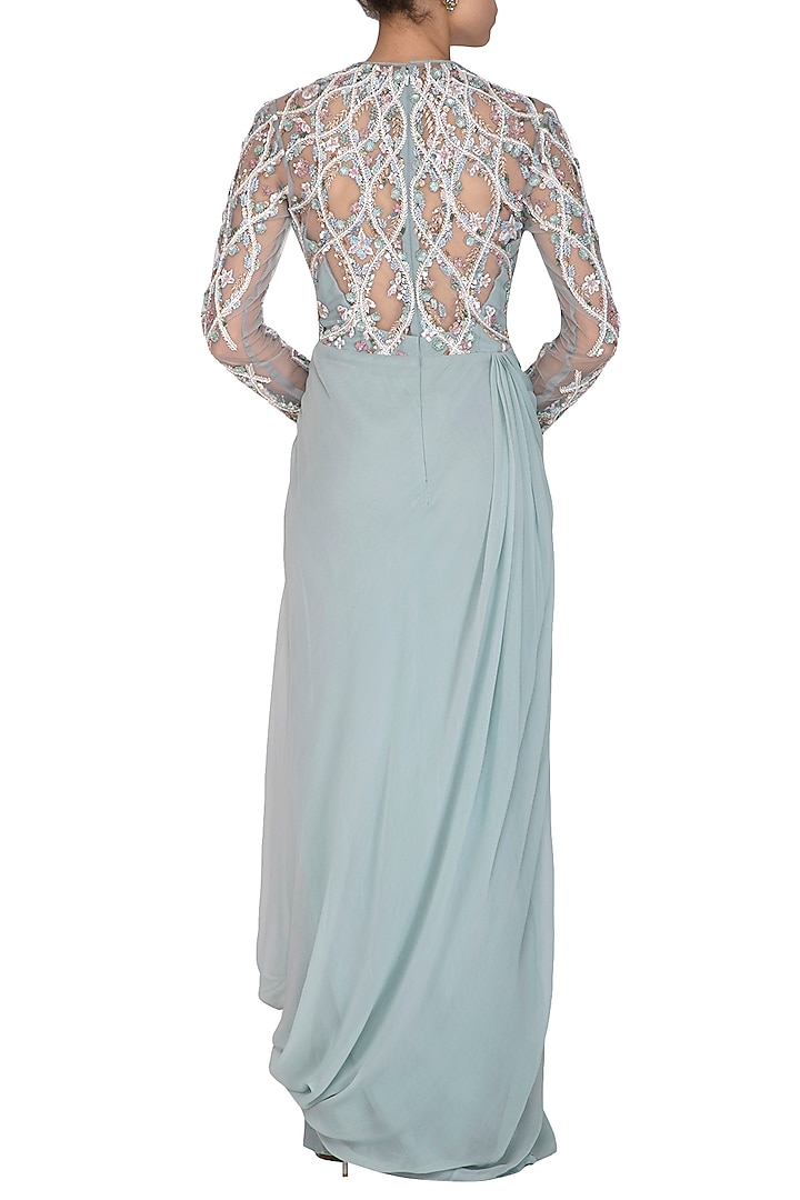 Powder Blue Georgette & Tulle Hand Embroidered Wedding Gown Saree by Vivek Patel at Pernia's Pop Up Shop