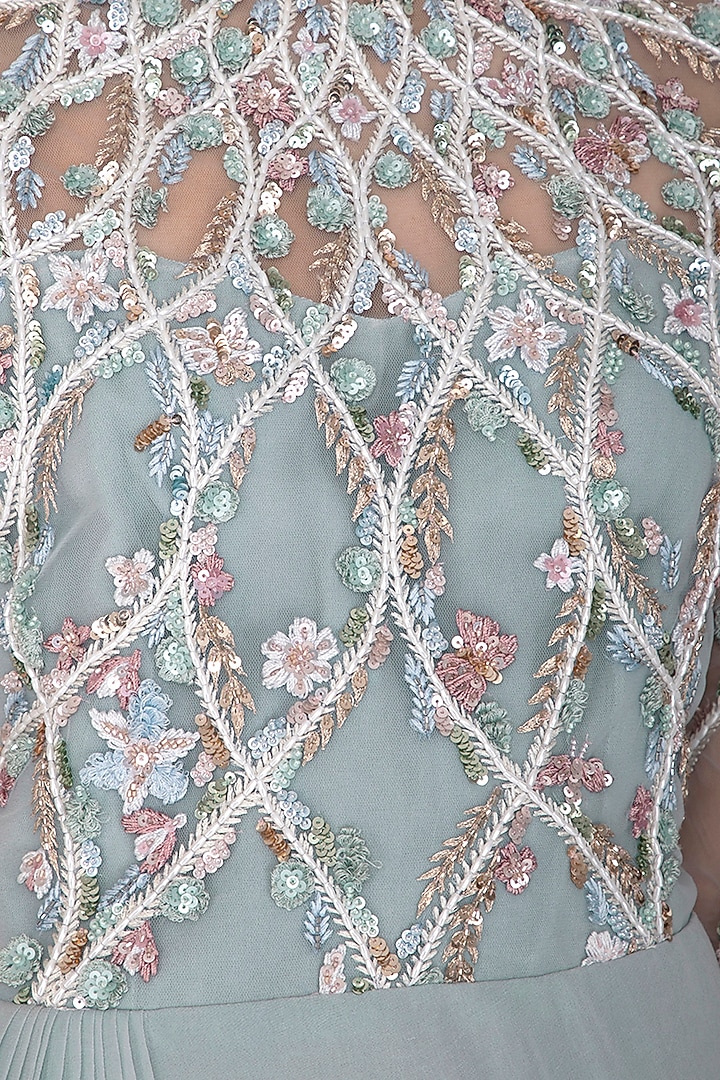 Powder Blue Georgette & Tulle Hand Embroidered Wedding Gown Saree by Vivek Patel at Pernia's Pop Up Shop