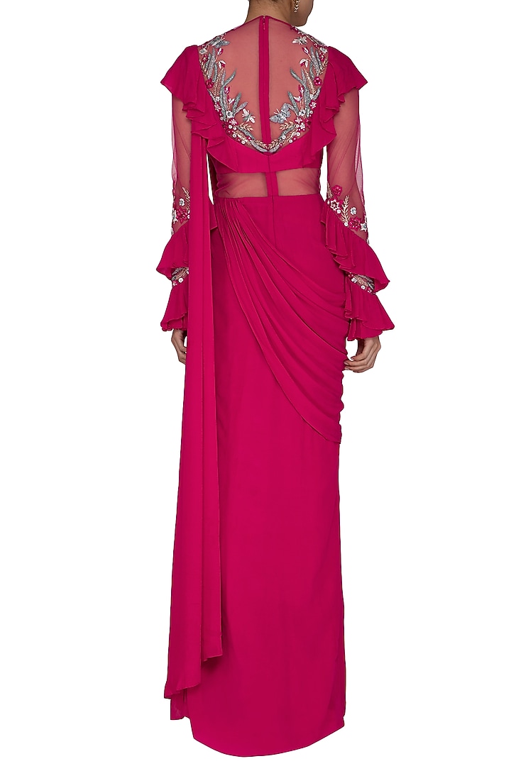 Fuchsia Embroidered Wedding Saree Gown With Frills by Vivek Patel at Pernia's Pop Up Shop