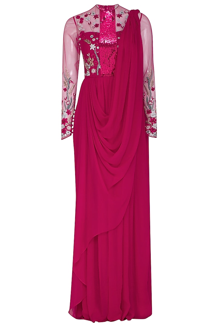 Fuchsia Floral Embroidered Saree Gown by VIVEK PATEL