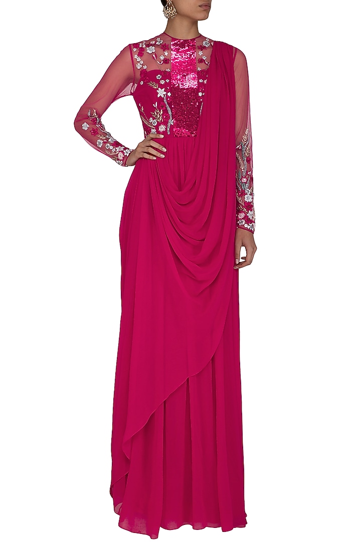Fuchsia Floral Embroidered Wedding Saree Gown by Vivek Patel at Pernia's Pop Up Shop