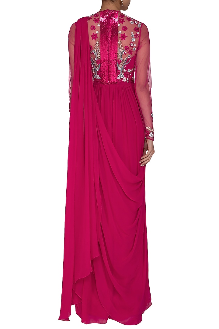 Fuchsia Floral Embroidered Wedding Saree Gown by Vivek Patel at Pernia's Pop Up Shop