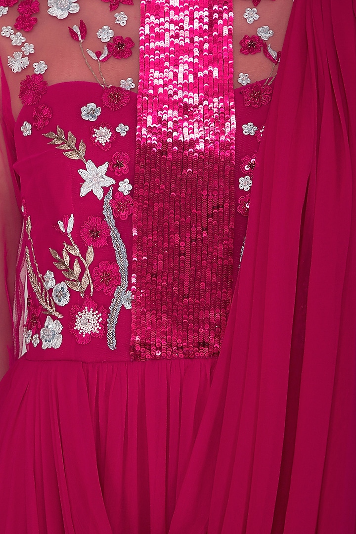 Fuchsia Floral Embroidered Wedding Saree Gown by Vivek Patel at Pernia's Pop Up Shop