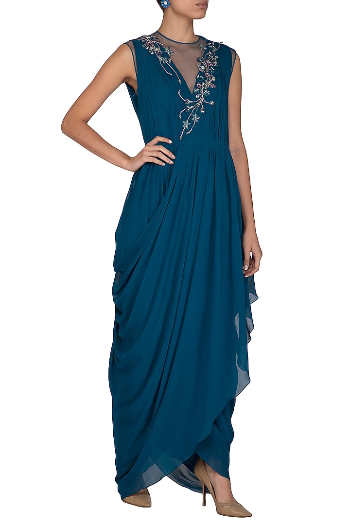 Teal Embroidered Party Wear Gown by Vivek Patel at Pernia's Pop Up Shop